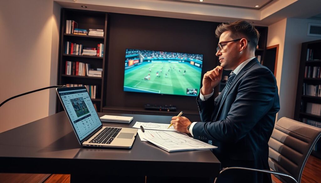 A detailed analysis scene focused on sports betting strategies, featuring a modern desk with a sleek laptop displaying football statistics and betting odds. In the foreground, an individual in professional business attire is thoughtfully reviewing the data, surrounded by notepads filled with notes and diagrams. The middle layer captures a wall-mounted screen showing a vibrant soccer match, enhancing the sense of real-time analysis. The background includes shelves filled with books on football strategy and sports analytics, further emphasizing the analytical theme. The lighting is warm and inviting, simulating a late evening study atmosphere, with soft shadows that create a focused and contemplative mood. The angle captures a medium shot that showcases both the individual and their working environment.