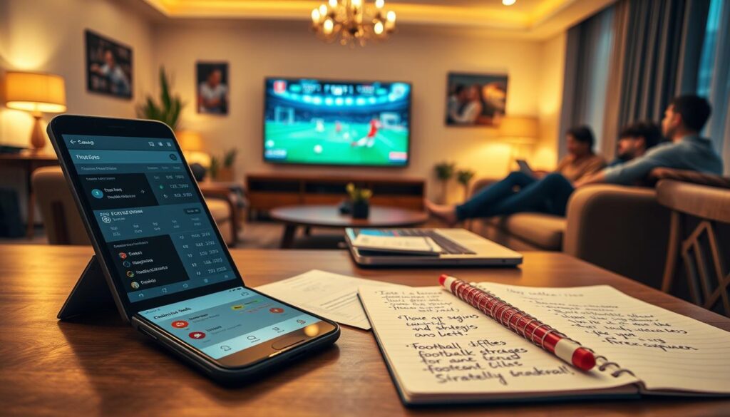 A dynamic and engaging scene of a modern online football betting platform. In the foreground, display a close-up of a sleek smartphone with a user interface showing real-time football match odds and statistics. The middle ground includes a stylish laptop on a wooden table, surrounded by betting slips and a notepad with football strategies written in neat handwriting. In the background, a cozy living room setting with soft, ambient lighting, a large TV displaying a football match, and comfortable couches filled with friends enjoying the game. The overall mood is lively and thrilling, evoking excitement and camaraderie, showcasing the popularity and accessibility of football betting in a safe and enjoyable environment.