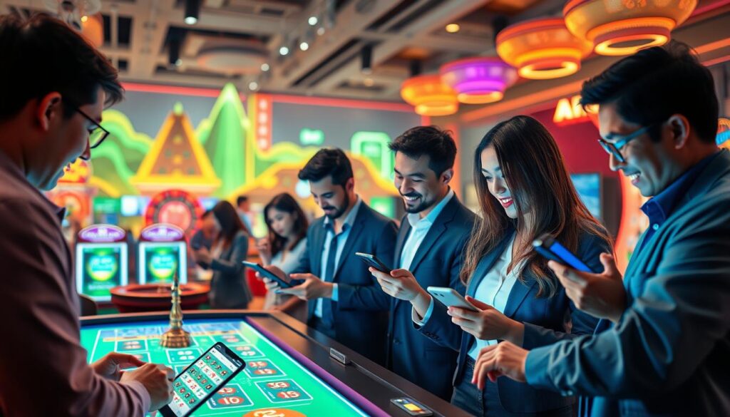 A dynamic online gaming scene illustrating the concept of "พนันออนไลน์" (online gambling). In the foreground, depict a diverse group of adults in business casual attire, enthusiastically interacting with smartphones and laptops, showcasing a sense of excitement and engagement. The middle ground features an array of gaming elements such as digital card tables, roulette wheels, and slot machines, rendered in a modern, visually appealing style. In the background, include a stylized digital landscape filled with vibrant colors and glowing screens reminiscent of a high-tech casino environment. The scene is illuminated with soft, strategic lighting to create an inviting yet thrilling atmosphere. Use a wide-angle lens to capture the full vibrancy of this online betting world, evoking curiosity and interest in the concept of online gambling.