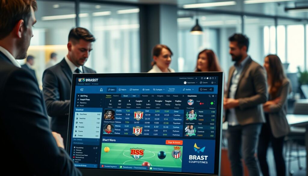 A modern and inviting online betting platform interface, set against a sleek, high-tech background. In the foreground, a computer screen displays a colorful and user-friendly betting interface, showcasing various football matches and betting options. To the left, a poised individual in professional business attire is analyzing stats on another screen, displaying focus and expertise. The middle section features a diverse group of people, engaged in discussion about sports betting, highlighting collaboration and excitement. Soft, ambient lighting enhances a sense of safety and professionalism in the scene, with a slight depth of field effect drawing attention to the betting interface. The background includes blurred elements of a contemporary office environment, suggesting innovation and trust. Overall, the mood is energetic yet secure, ideal for showcasing a reliable online betting experience.