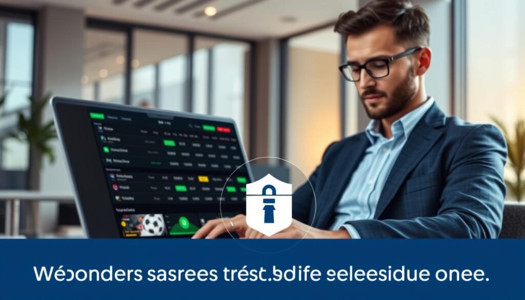 A professional online betting platform interface, showcasing a user-friendly betting website on a sleek laptop. In the foreground, a business professional in smart casual attire is focused on placing bets, highlighting trust and engagement. In the middle ground, elements of the website interface display various sports betting options, odds, and a secure payment symbol, symbolizing reliability. The background features a softly blurred modern office environment, with soft natural lighting filtering through large windows to create a calm and inviting atmosphere. The overall mood is confident and reassuring, emphasizing the importance of choosing a trustworthy online betting site.