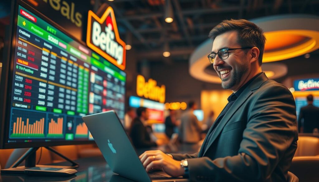 A vibrant and captivating scene depicting a bustling online betting environment. In the foreground, an enthusiastic person in professional business attire engages with a laptop, showcasing various betting odds on the screen. The middle ground features a dynamic digital display board filled with colorful graphics and charts, representing promotions and betting options. The background reveals a warm and inviting ambiance, with soft, ambient lighting highlighting the excitement of online gambling. Use a shallow depth of field to create focus on the subject and the screen, while giving a slight blur to the background elements. The overall mood should be energetic and optimistic, illustrating the benefits and thrill of online betting.