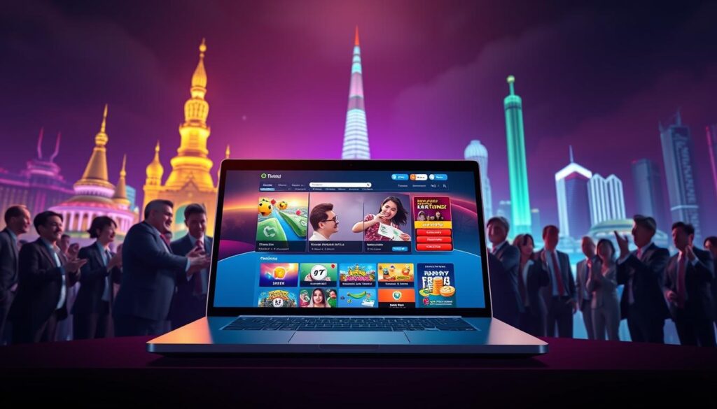 A vibrant and dynamic digital illustration depicting the concept of “เว็บพนันออนไลน์” (online gambling) in Thailand. In the foreground, show a sleek and modern laptop displaying a colorful online gambling website, with vibrant graphics and user-friendly interface. The middle ground features groups of people in professional business attire, gathered around the laptop, engaging in enthusiastic discussions and cheering, reflecting the popularity of online gambling. In the background, a subtle representation of famous Thai landmarks, illuminated at night, blends with neon lights to evoke an energetic but professional atmosphere. The overall mood should be lively and engaging, with bright lighting to emphasize a sense of excitement and trustworthiness in online gambling activities.