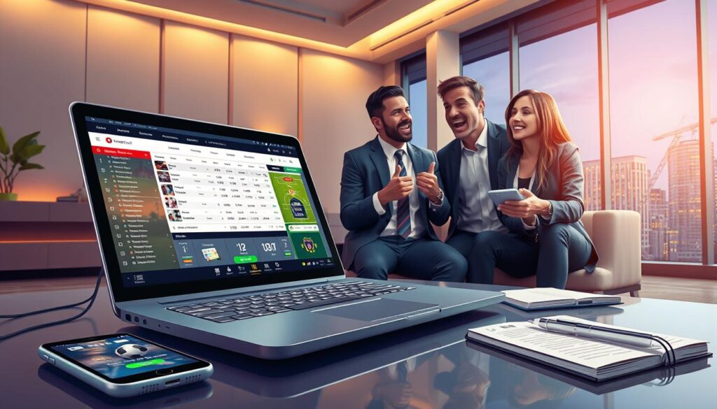 A vibrant, engaging digital illustration depicting the concept of online sports betting, focusing on the excitement of football (soccer) betting. In the foreground, a stylish laptop displays an open betting interface with dynamic odds and football graphics. Surrounding the laptop, modern betting accessories like a smartphone with notifications, and a notepad with strategic notes. In the middle ground, include a group of three diverse individuals in professional business attire, animatedly discussing their bets, showcasing expressions of enthusiasm and focus. The background features a sleek, modern room with soft ambient lighting and a large window revealing a night cityscape, adding to the thrilling atmosphere. Overall, capture a sense of camaraderie and excitement around the experience of online sports betting, with a focus on professionalism and engagement.